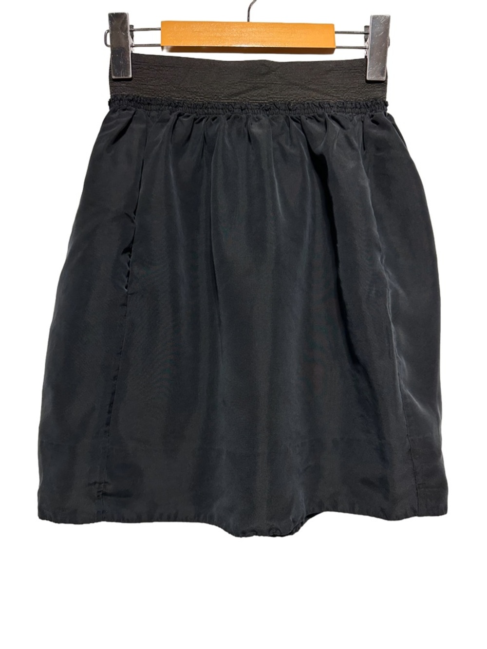 WILFRED | Black Silk Mini Gathered Waist A-Line Skirt Pockets